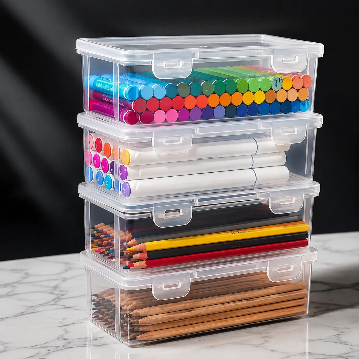 HTMCK transparent PP storage boxes with lids, used for storing office supplies, pencils, and crafts