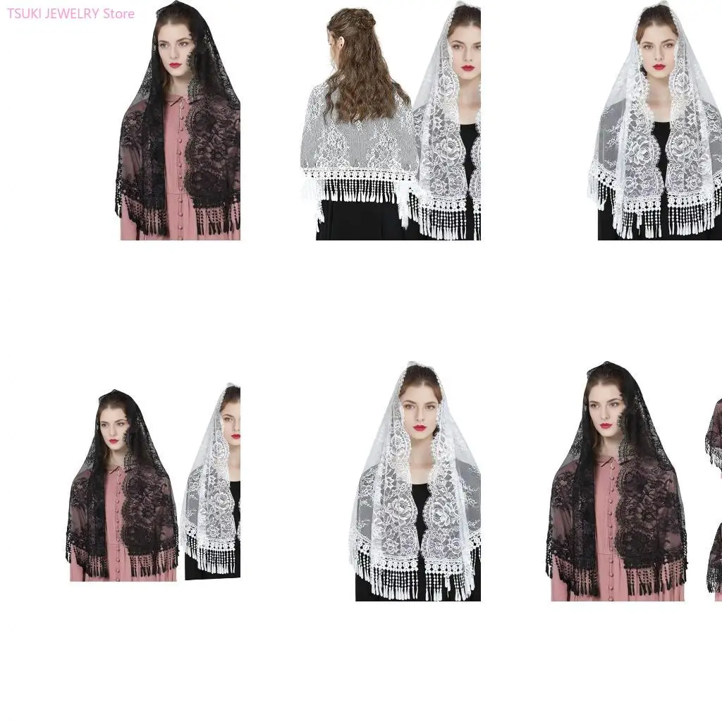 

62KE Delicate Mantilla Veil Lace Trim Shawl for Ladies Mantilla Floral Shawl Wedding Party Headwear Bridal Wear Accessory