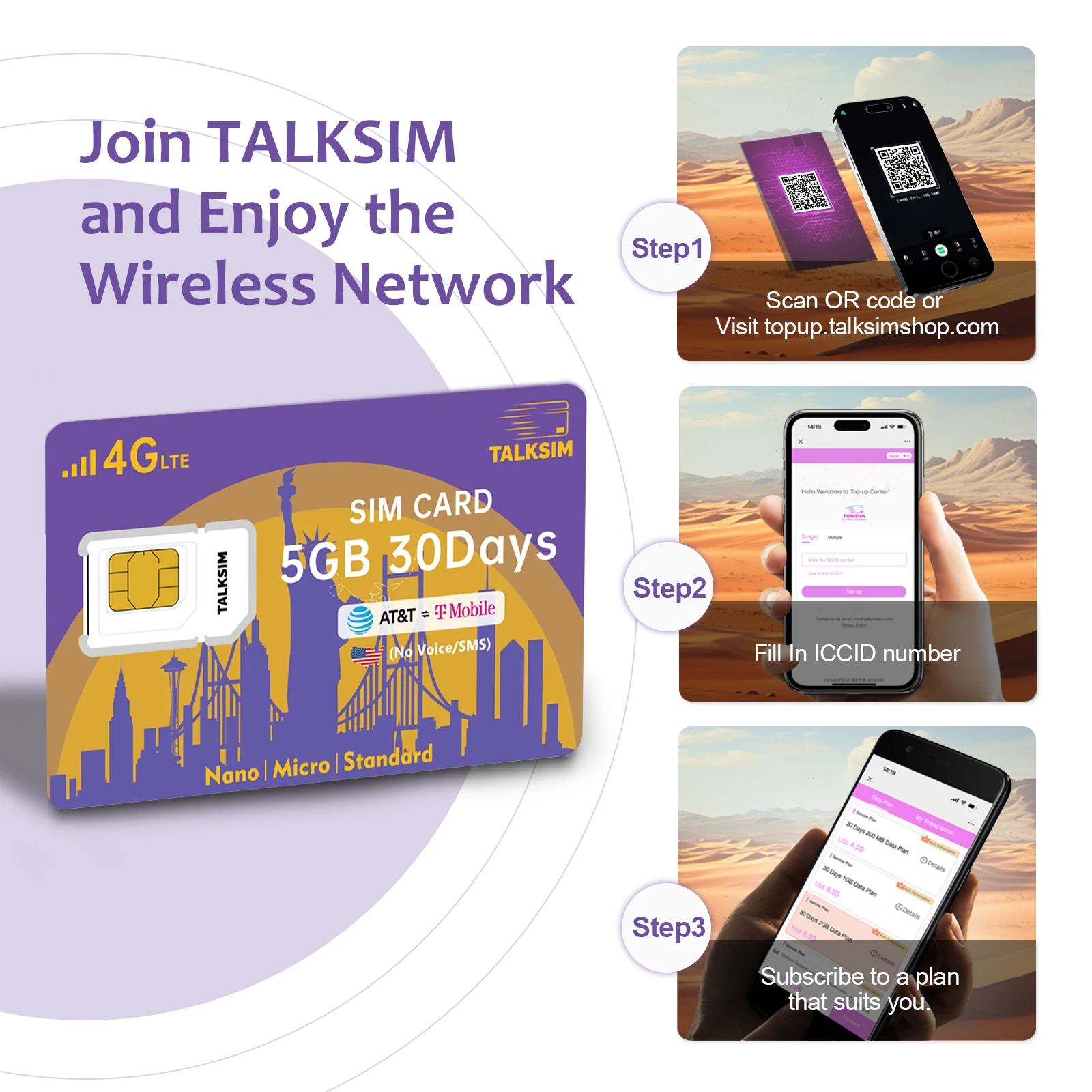 TALKSIM 4G المدفوعة مسبقًا 3 في 1 بطاقة SIM البيانات USA Kit لـ AT&T T-Mobile 5GB/30Day