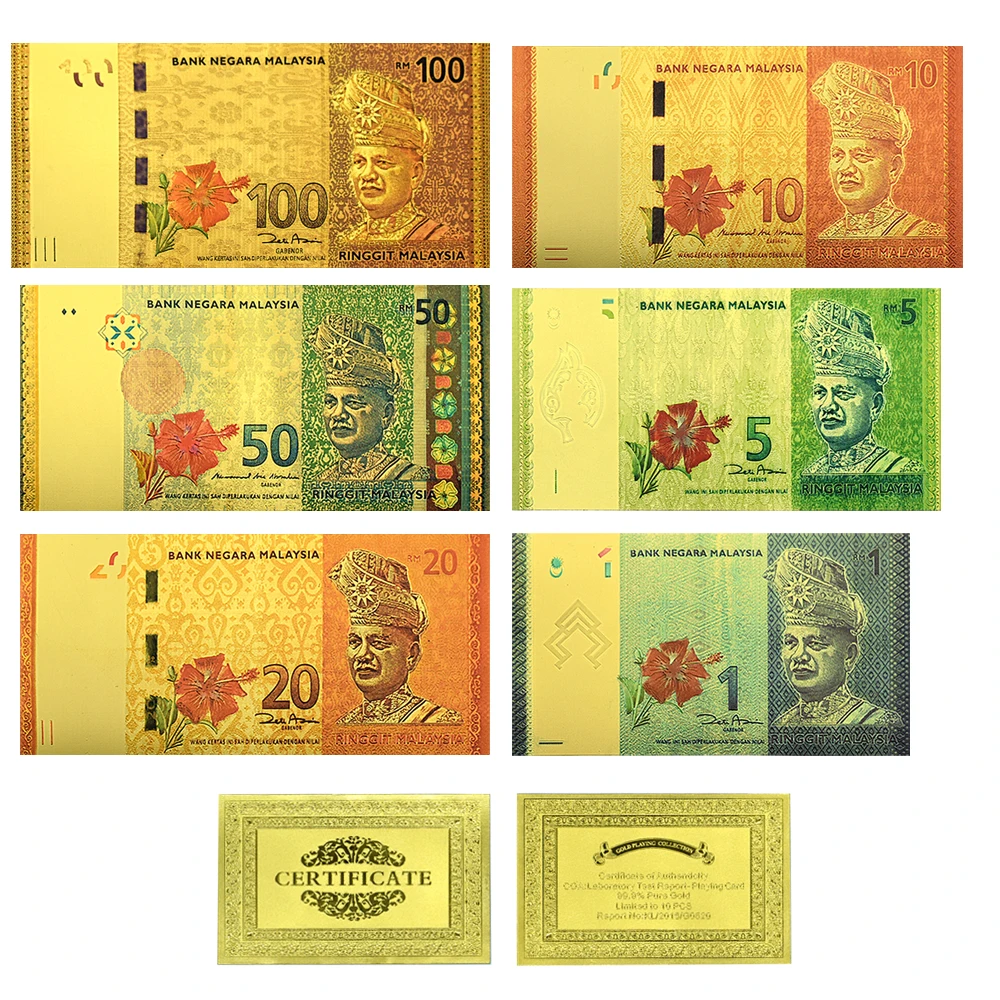 6pcs/set Malaysia Gold Foil Banknotes 1,5,10,20,50,100 Dollars Uncurrent Banknotes Collection Gift - Rare