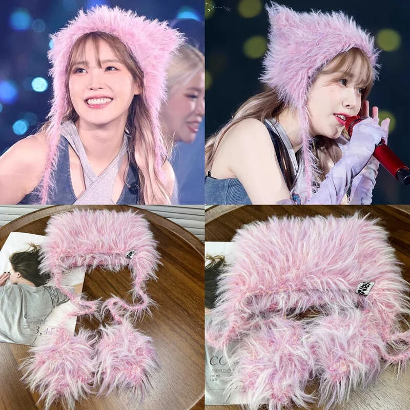 

IU Concert Stberry Star Ear Hat Зимняя милая розовая пушистая вязаная шапка с защитой ушей Милая очаровательная шапка для подростков и ...
