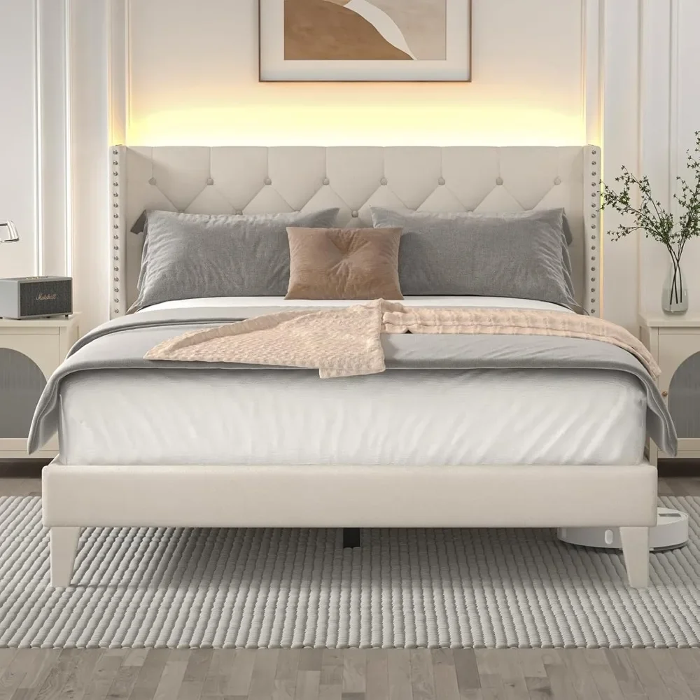 Full Size Bed Frame with Wingback Headboard, Upholstered Platform Bed Frame with Diamond Tufted Headboard & Lights, Wood Slat,