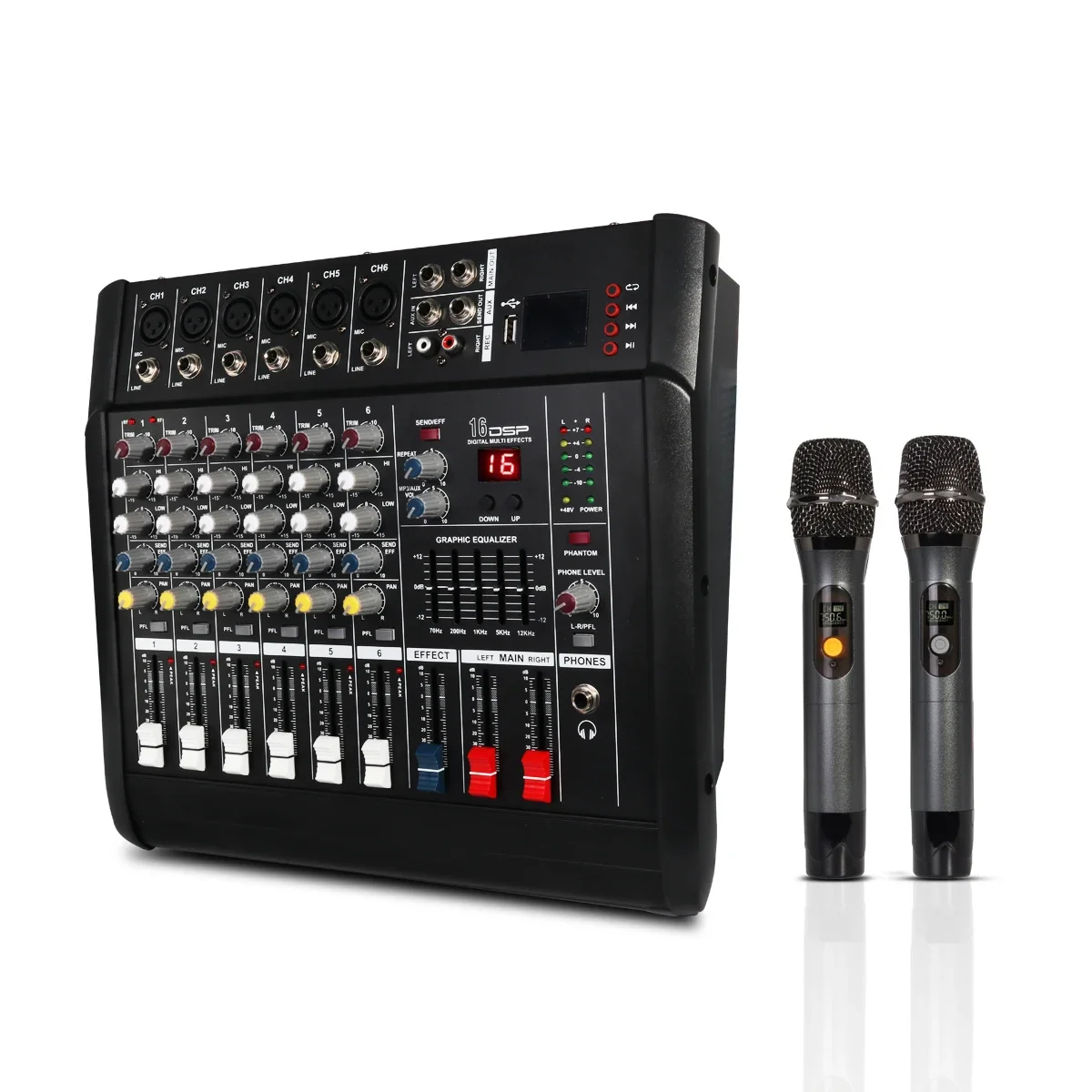 

6 Channel Sound Console Powered Audio Mixer Interface With Recording System 2 Wireless Microphone