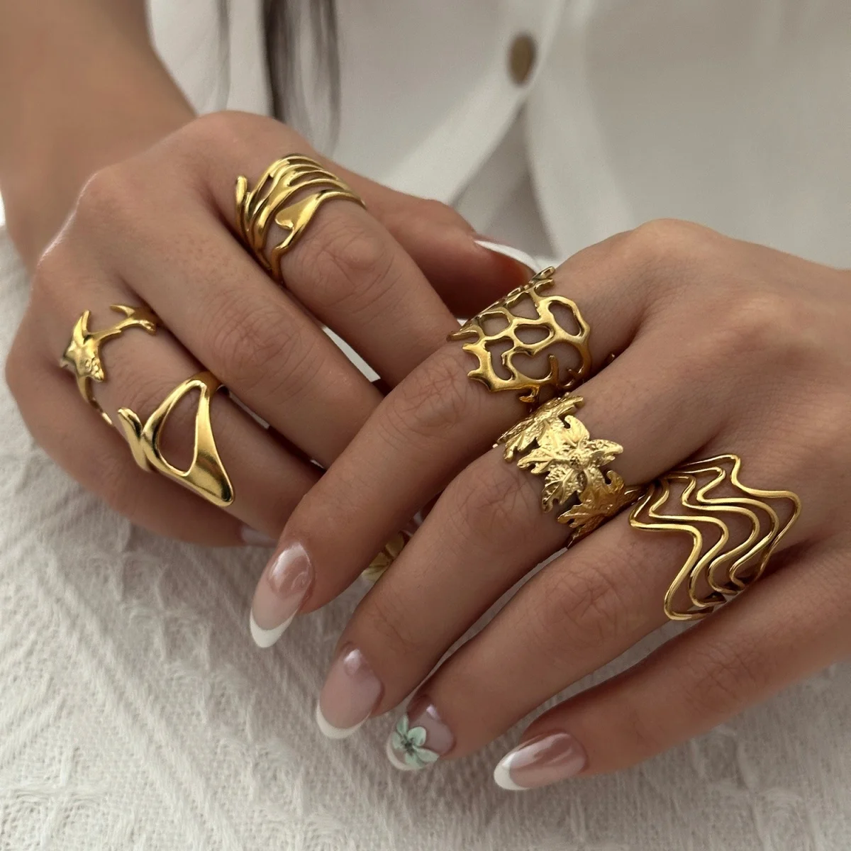 Edelstahlringe mit unregelmäßigen Wellen, Korallen, Seesternen und Blumen für Damen und Herren, Retro-Punk, florale Blätter, geometrische Linien, Boho-Schmuck – Detail 12