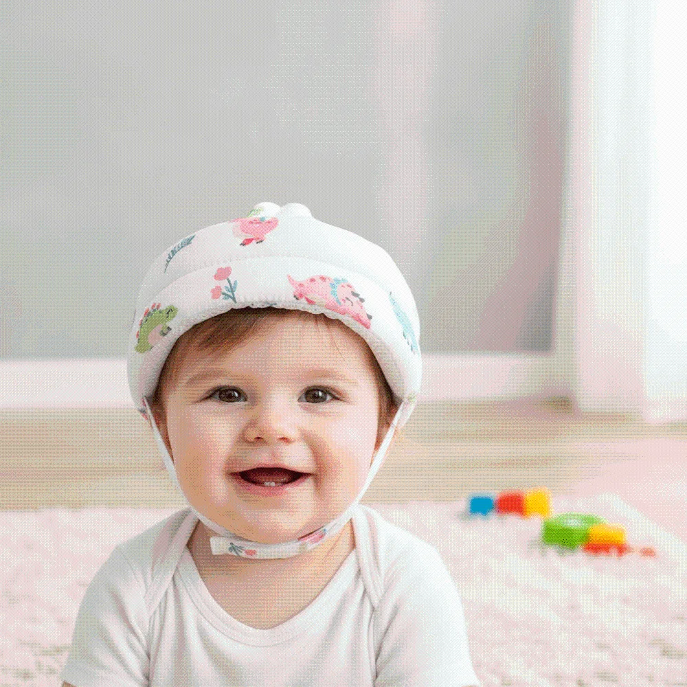 Adjustable Strap Safety Helmet Soft Cotton Lightweight Infant Cap Washable Fabric Cartoon Pattern Anti-Fall Headwear