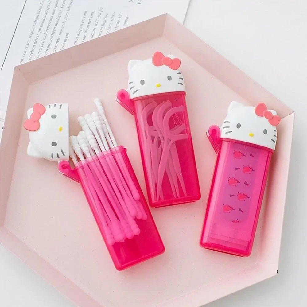 Sanrio Figures Hello Kitty Storage Box Kawaii Anime My Melody Toothpick Cosmetic Swab Organizer Portable Mini Travel Container