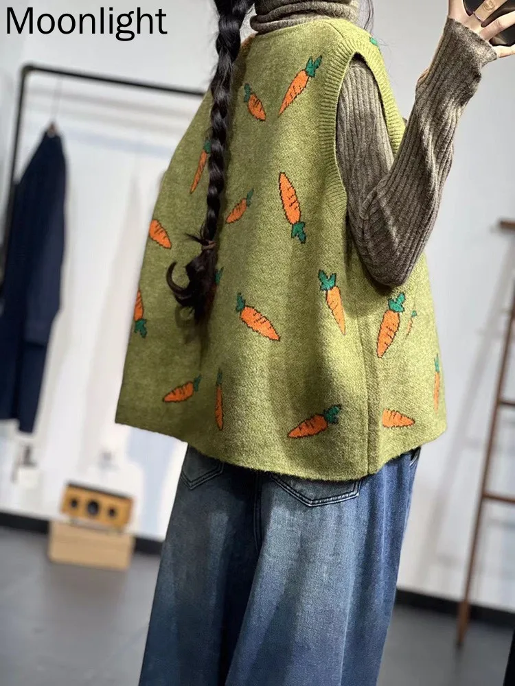 Vintage Carrot Print Knitted Vest Coat Women Autumn Fashion O-neck Casual Loose Oversized Waistcoat Female Sleeveless Cardigan