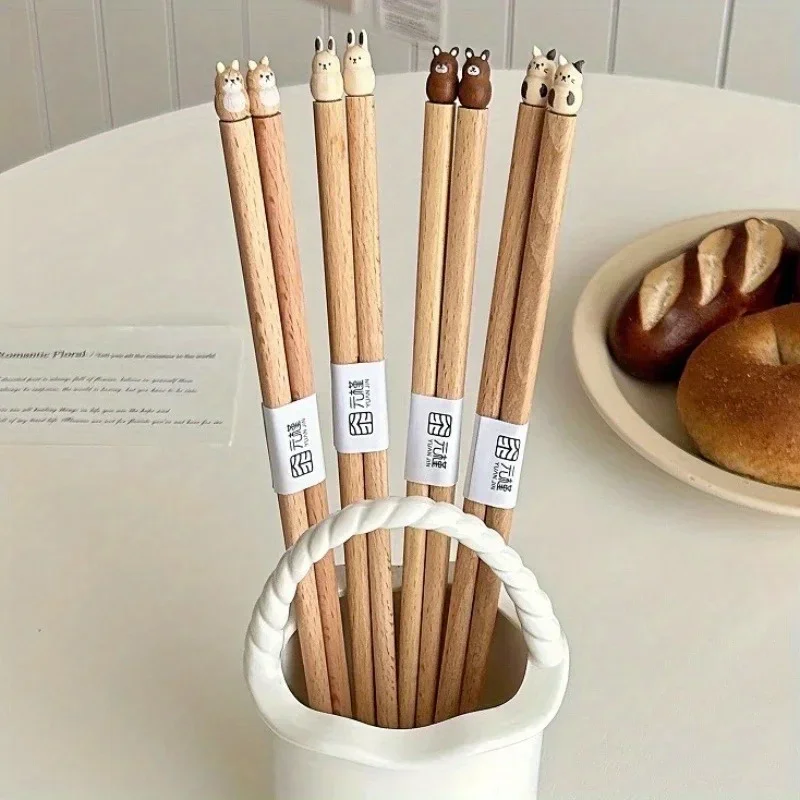 Practical Cute Shiba Bear Rabbit Cats Tableware Beech Wood Chopsticks Practical Wooden Dinnerware Hand Carved Beech Chopsticks