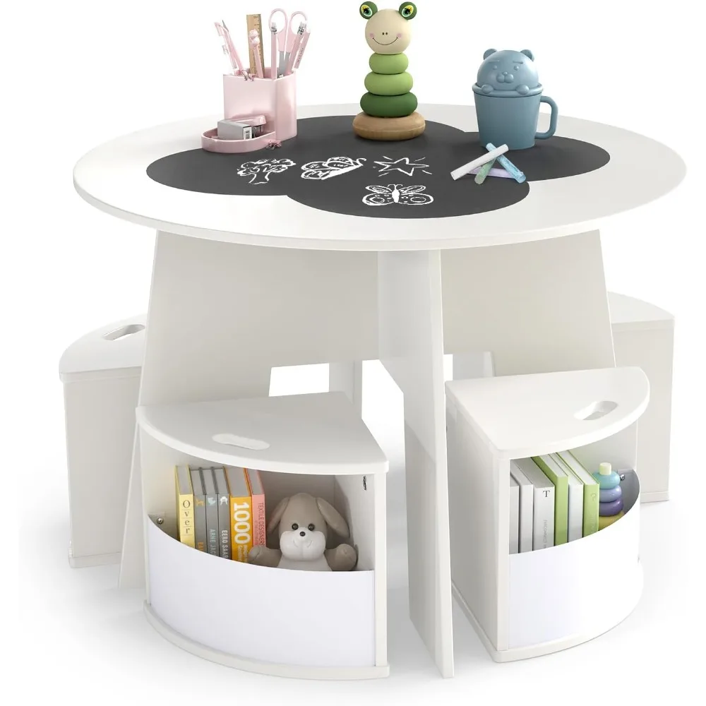 

White Kids Table and Chair Set, Children Activity Play Table with 4 Storage Stools for Art Craft, Nesting Design Toddler