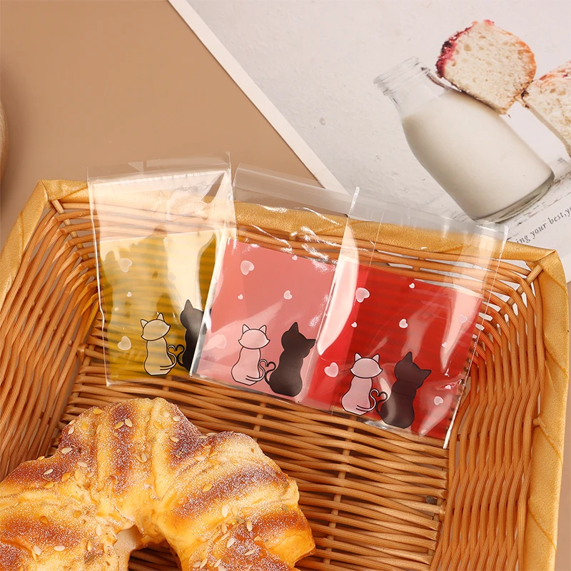 100Pcs Mini Cartoon Cookie Bags Baking Snack Self-Adhesive Bags Couple Cats Biscuits Candy Jewelry Gift Packaging Plastic Bag