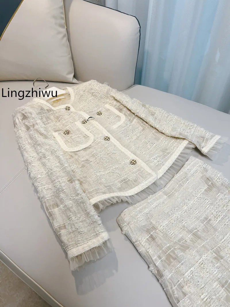 Lingzhiwu 2024 Spring French Ladies Skirt Set Fashion Elegant Beige Skirt Top Suit Top Quality Two Piece Twinset New Arrival