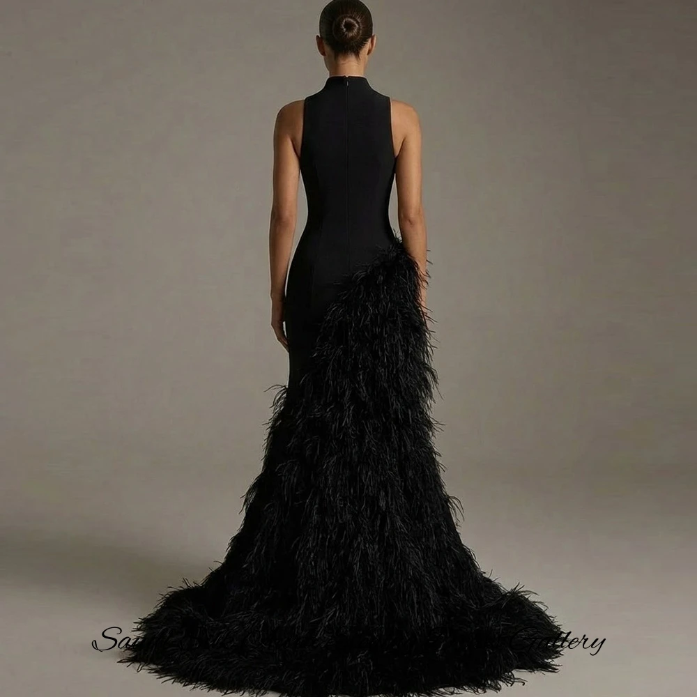 Luxury Customized Feathers Jersey Evening Dress Elegant Mermaid O-Neck Party Dress Fashion Side Slit Sleeveless Celebrity Gowns