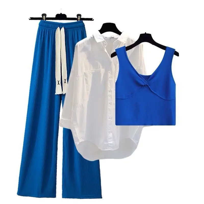 Ensemble Trois Pièces Chemise Blanche et Pantalon à Jambes Larges pour Femme, Survêtement Élégant et Décontracté, Nouvelle Collection Printemps et