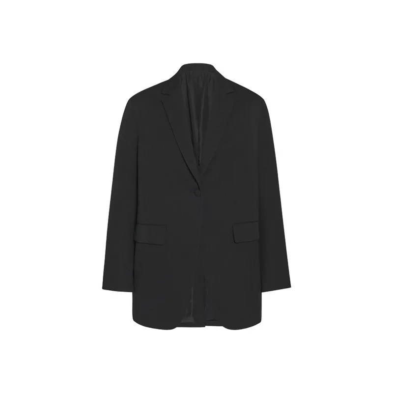 سترة فاخرة بسيطة للنساء ذات ملمس راقي، معطف سترة فضفاض بزر واحد أسود مقرمش، خريف 2025