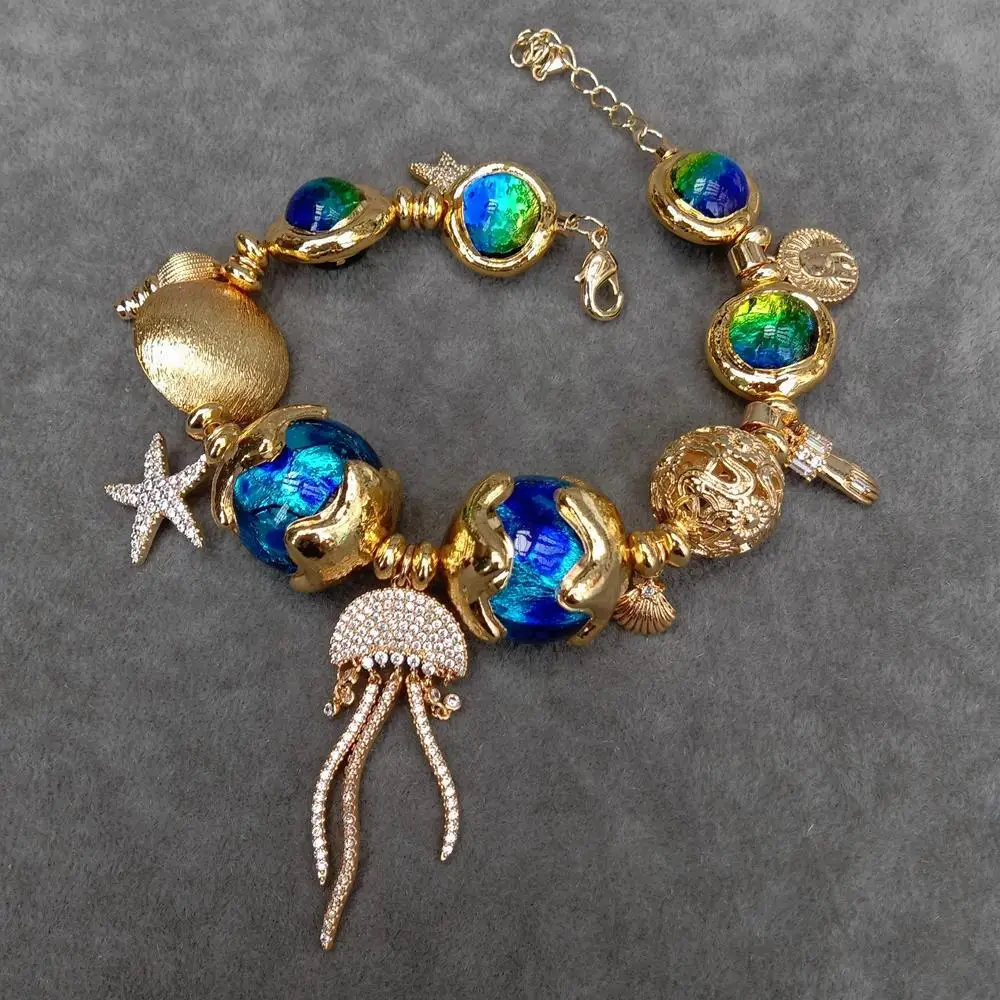 Y.YING Blue Murano Glass Gold Plated Cz Pave Jelly Fish Charm Bracelet Women Jewelry