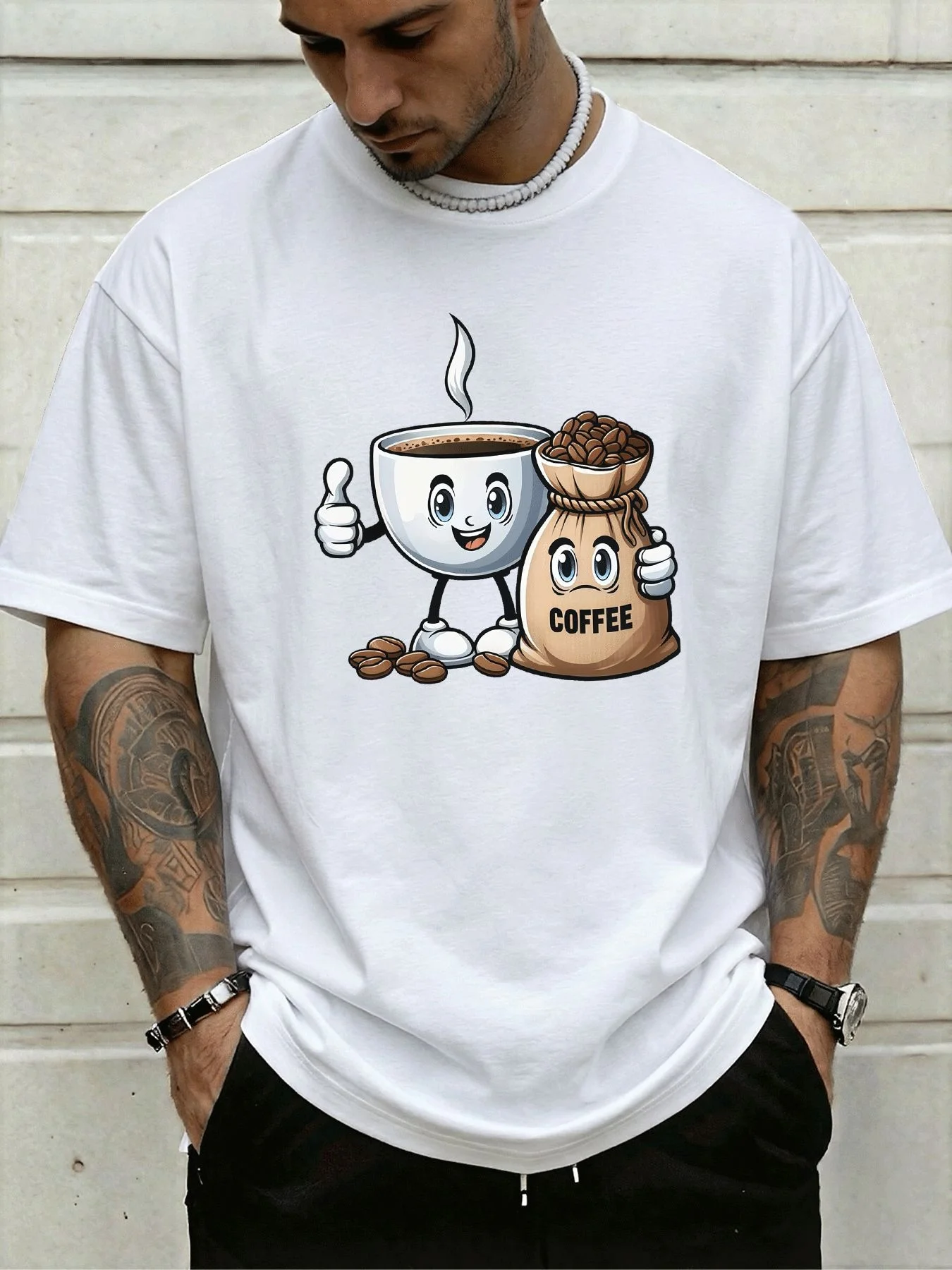 Navy Blue Men Crew Neck Tee Cartoon Coffee Cup Bean Bag Print Soft Cotton Short Sleeve Summer Loose Casual Street Daily T Shirt