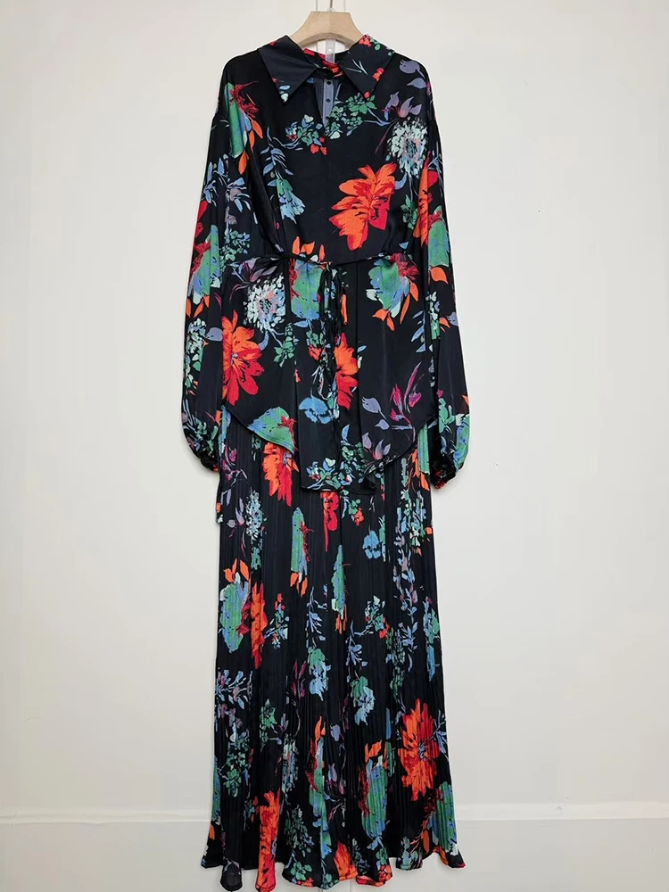 

Retro geometric print lapel pullover loose long shirt two-piece set 2025 Autumn women's wear + loose wide-leg pants fashion set