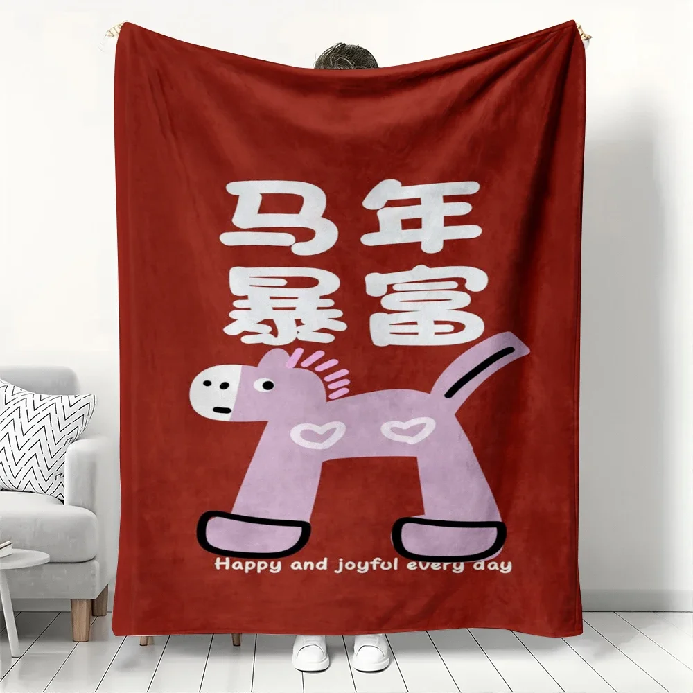 Lucky Ma Nian Bao Fu Flannel Blanket  Year of the Horse Cartoon Throw Soft Cozy for Lunar New Year Home Decor Couch Gift