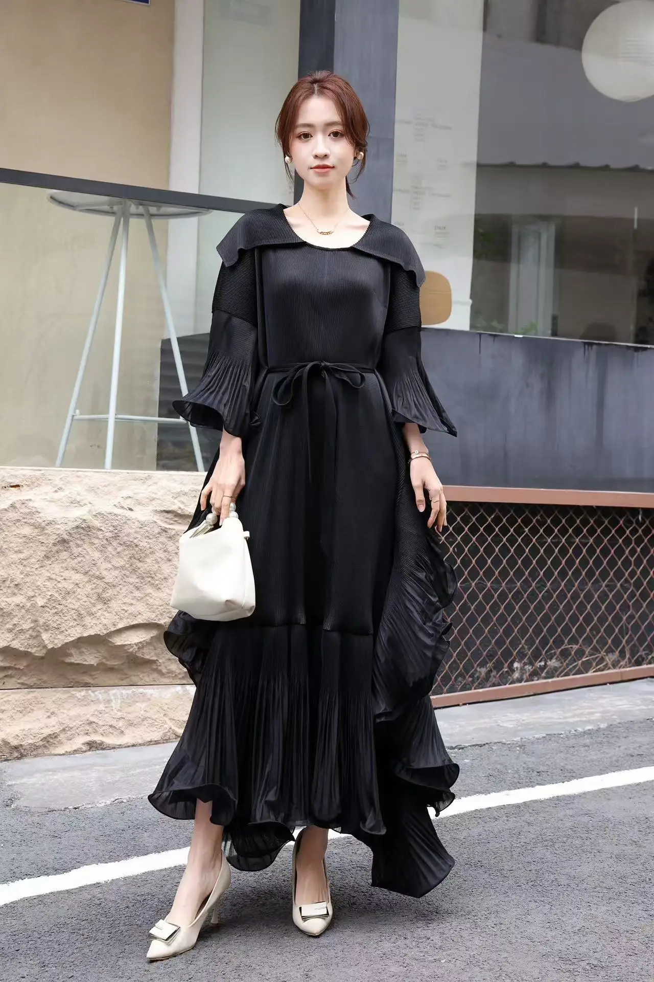 Miyake Plisowane Francuskie Eleganckie Sukienki Plus Size Damskie Plisowane Sukienki w Jednolitym Kolorze Wyszczuplające Sukienki Plus Size Elastyczne Sukienki na Bal 2025 Nowość