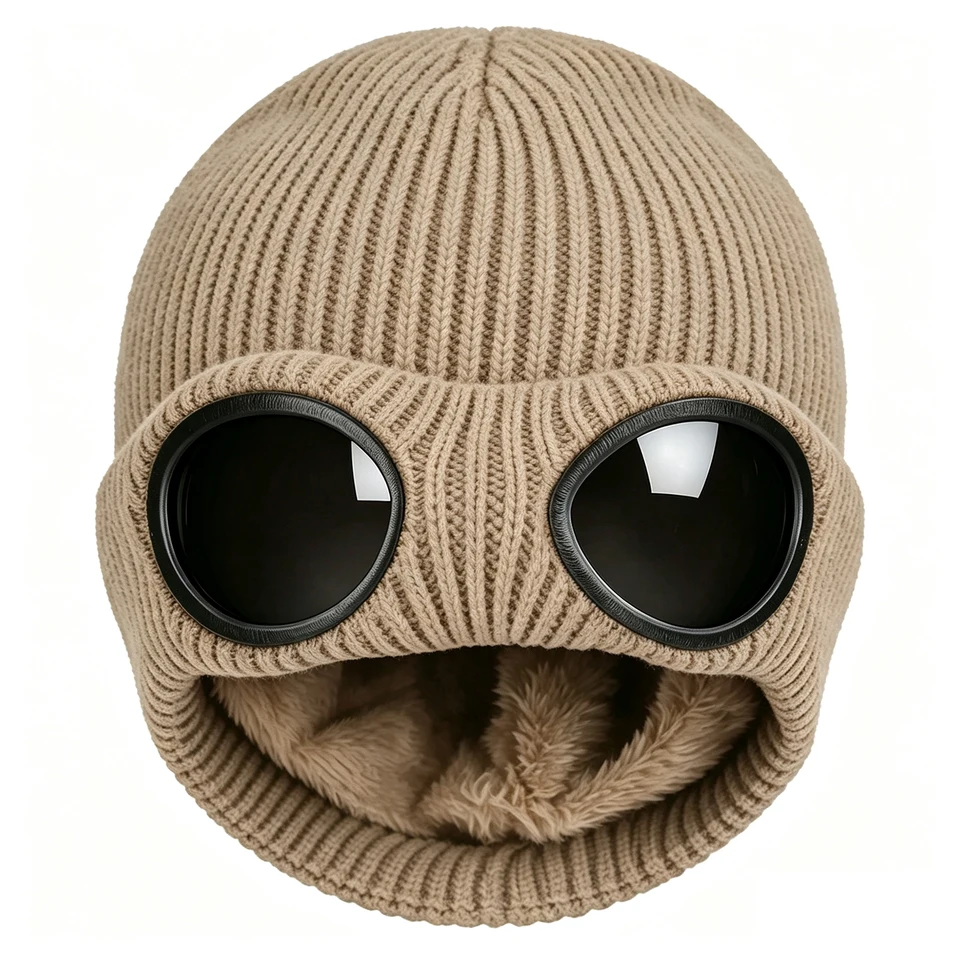 Knit Beanie Hat with Goggles Windproof Skull Cap for Men Women Fleece Lined Acrylic Warm Winter Hat Less Static Stretch Black, image 8