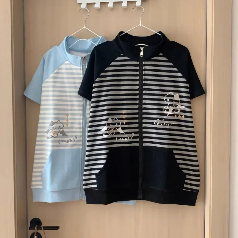 تيشيرتات نسائية يابانية مخططة 2025 Ropa Mujer بأكمام قصيرة ورقبة ثابتة تي شيرت نصف سحاب Camisetas Y2k تي شيرت صيفي غير رسمي #2