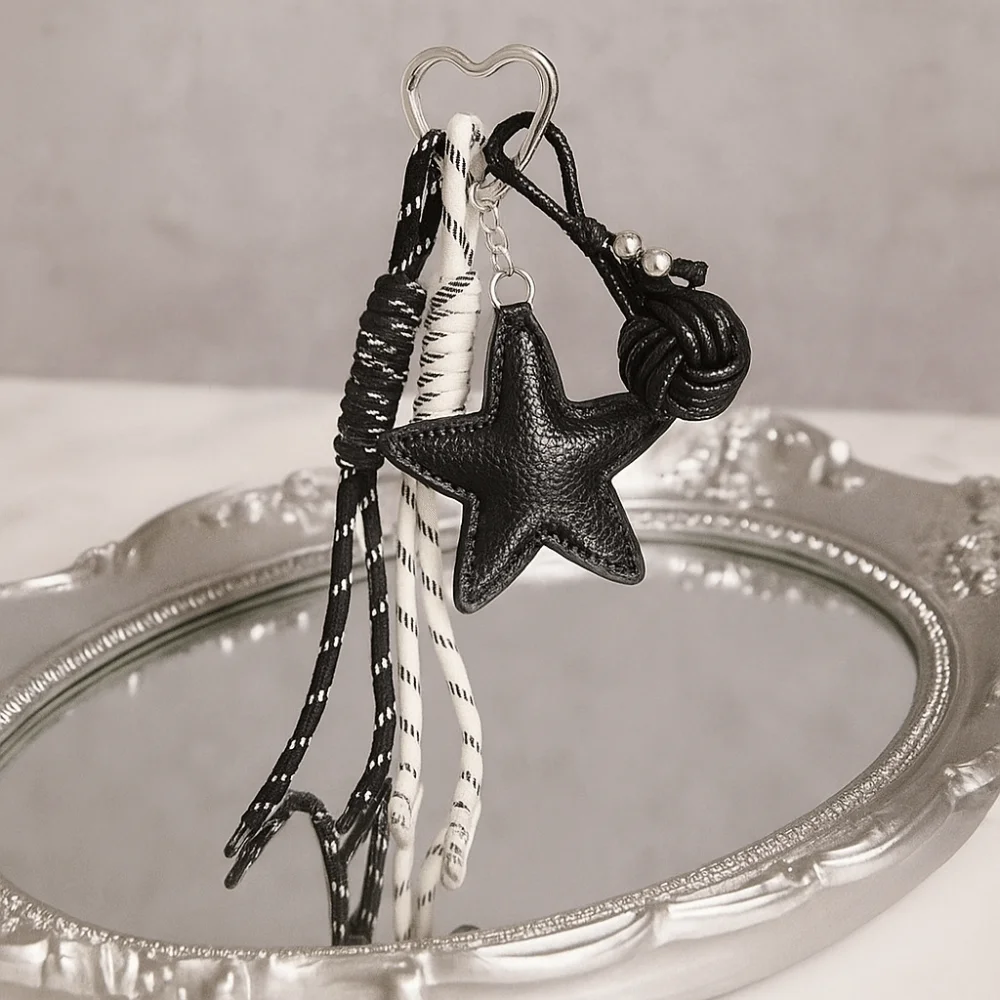 PU Leather Five Pointed Star Bag Pendant Woven Rope Hanging Leather Star Keychain Trinket Ins Star and Ball Pendant