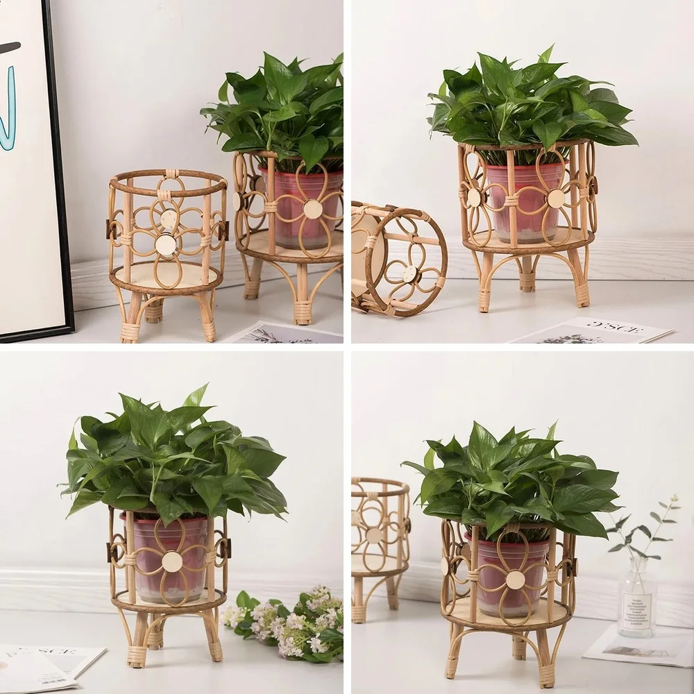 Hollow Flower Stand Hand-woven Imitation Rattan Plant Tripod Stand Pastoral Flower Baskets Stand Balcony Planter With Wooden Leg