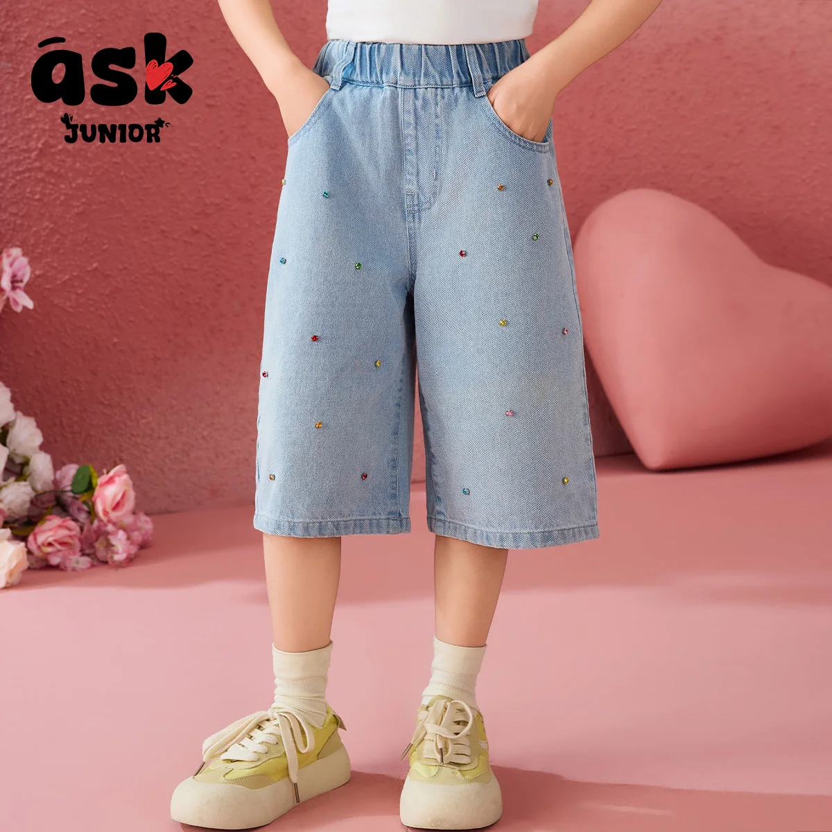 بنطال جينز مغسول بألوان متباينة من الكريستال الماسي للفتيات الصيفي للأطفال #6