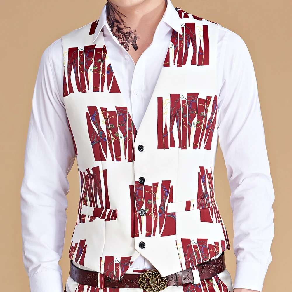 Mens Printing Suit Vest New Fashion Casual High Quality Single Breasted Slim Large Size Business Vest Waistcoat Man