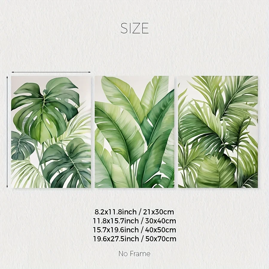 مجموعة مكونة من 3 قطع، بدون إطار، طباعة أوراق ألوان مائية استوائية، لوحة جدارية نباتية، موز، مونستيرا، ملصق أوراق النخيل، ديكور غرفة المعيشة، #3