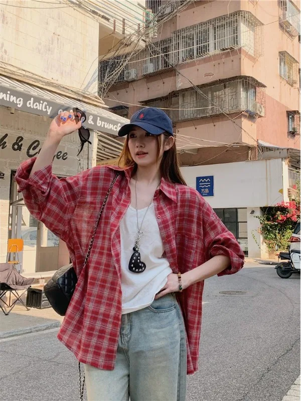 

plus Size Korean Style Plaid Long Sleeve Shirt Summer New Vintage Loose Slimming Casual Sun Protection Open Cardigan Top