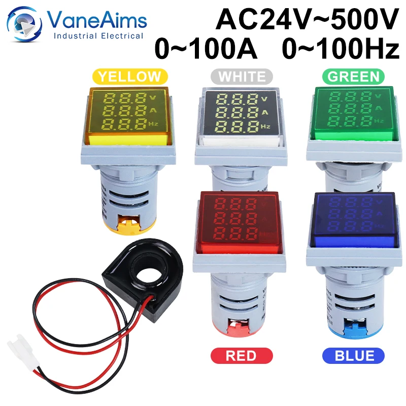 Square LED Digital Voltmeter Ammeter Hertz Meter AC24-500V Voltage Current Frequency Combo Meter Signal Light Indicator Tester