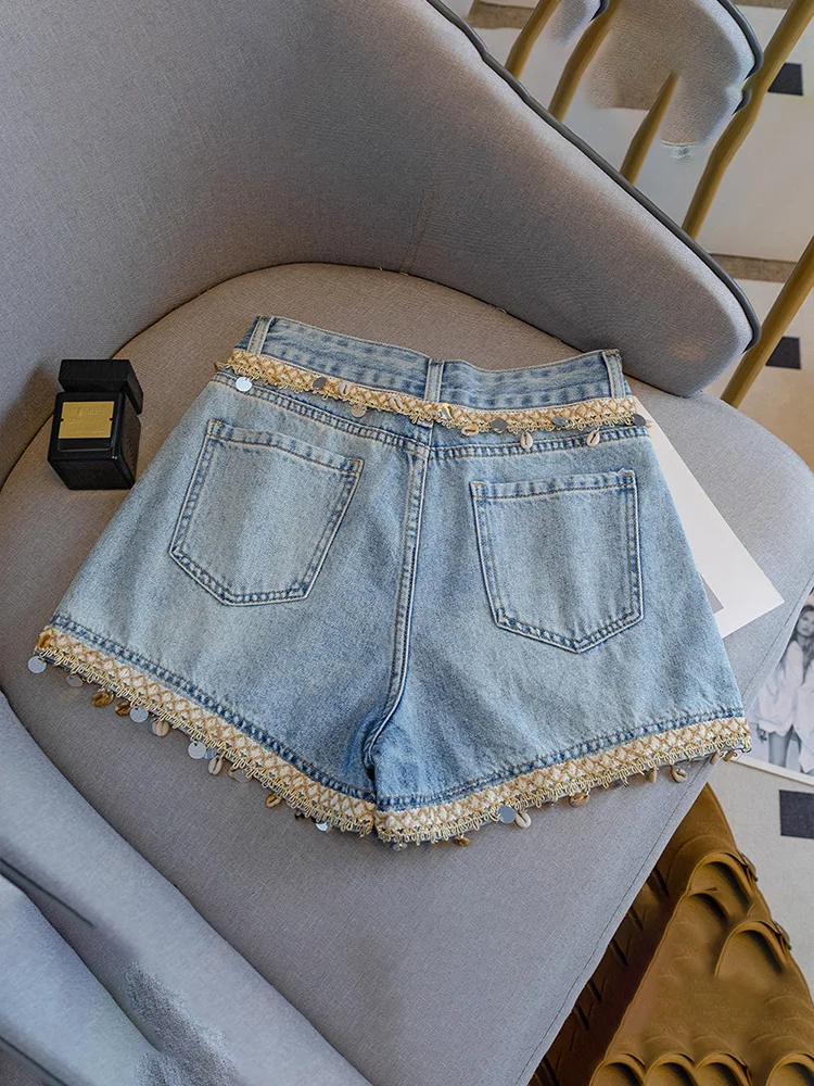Boho Chic Kleidung für Frauen Jorts Retro Hohe Taille Breite Bein Jeans Shorts Shell Pailletten Quaste Design Trendy Stilvolle Shorts Denim