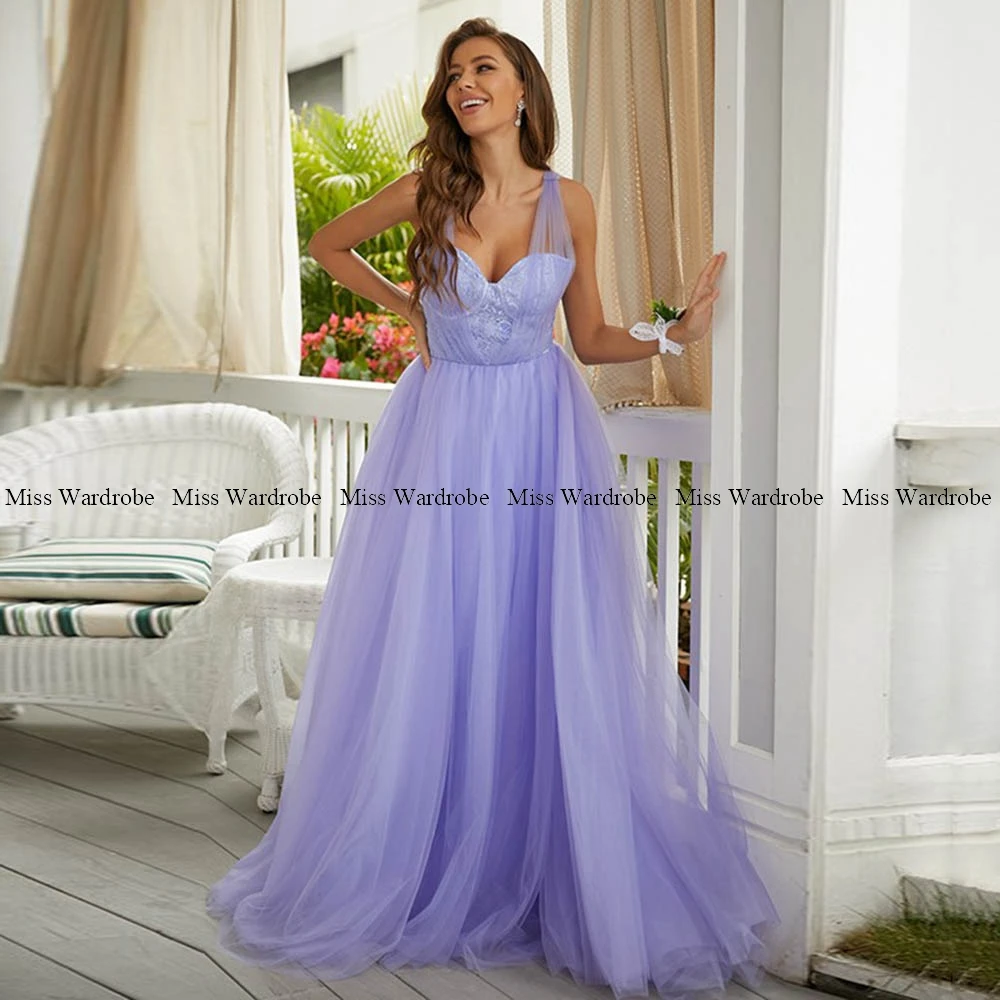 Moda lavanda rendas vestidos de noite querida tule a linha sem costas até o chão longo formal baile de formatura vestido de festa robes de soirée