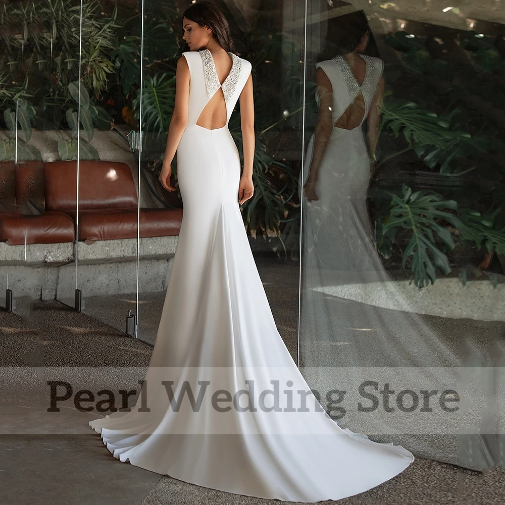 Elegant Beading High Neck Wedding Dresses Sleeveless Mermaid Floor Length Sweep Train Bride Dubai Marriage Dress Custom Gowns