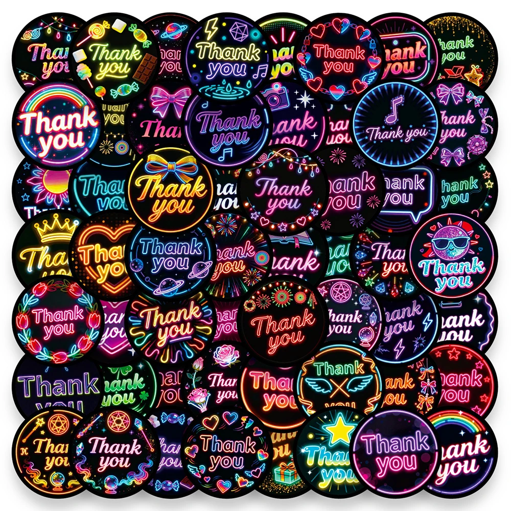 10/30/50pcs Cartoon Neon Thank You Graffiti Stickers Decals DIY Laptop Fridge Diary Phone Case Suitcase Label Decoration Sticker