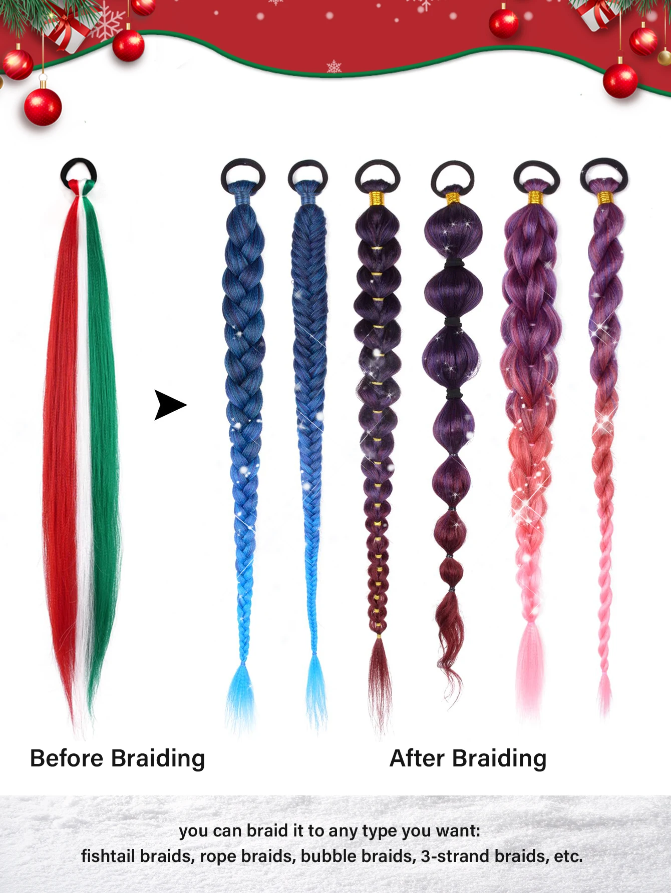 عيد الميلاد تجديل وصلات شعر أحمر أخضر خطوط الشعر الاصطناعية لصندوق الضفائر الكروشيه الضفائر عطلة حزب إكسسوارات الشعر #3