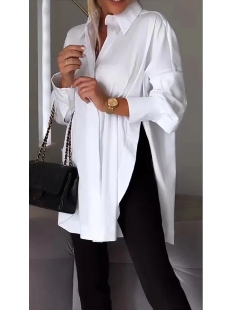 

2025 New Casual Pullover Long Shirt Blouse Women Spring Autumn Fashion Irregular Long Sleeve Shirts Tops Femme White Females