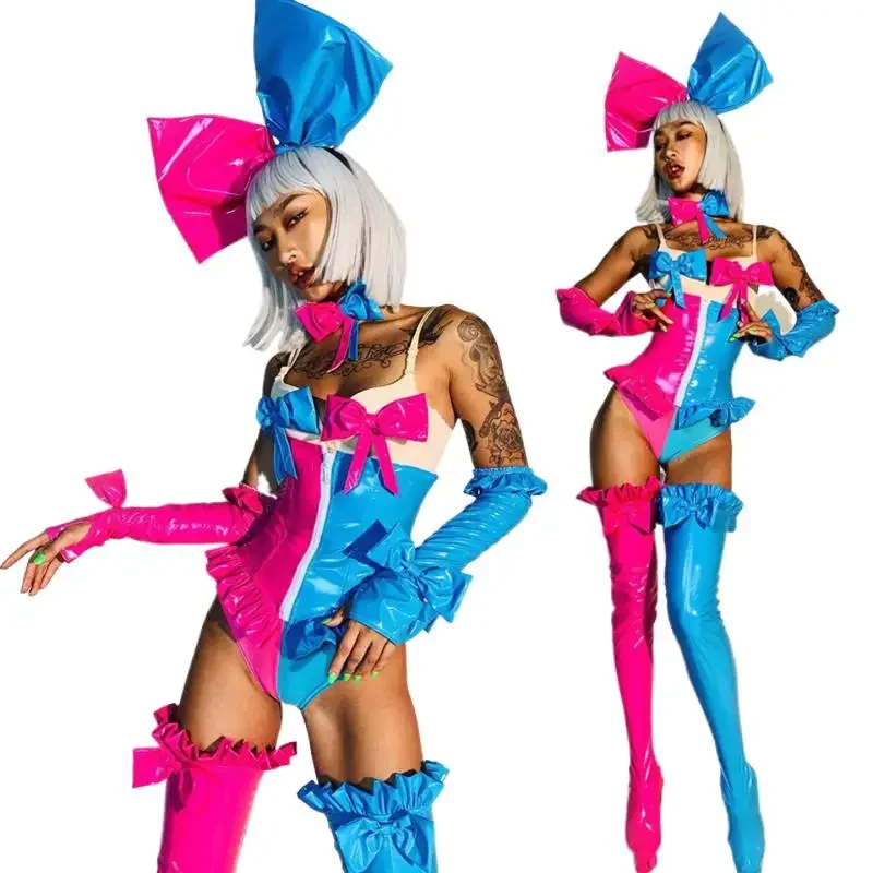 

Halloween Bar Club Party Women Sexy Cosplay Costume Pink Blue Splicing Bodysuit Leggings Gloves Headdress Outfits Role Show Wear