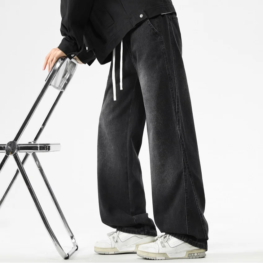 الكورية الشارع الرجال الجينز المألوف فضفاض مستقيم واسعة الساق السراويل للمراهقين أبيض رمادي الدنيم في الهواء الطلق الهيب هوب سراويل تقليدية