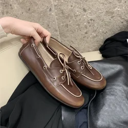Women's Loafers Shoes Genuine Leather High Quality Round Toe Soft Bottom Flat Shoes Lace Up Breathable Ladies Casual Shoes 2026