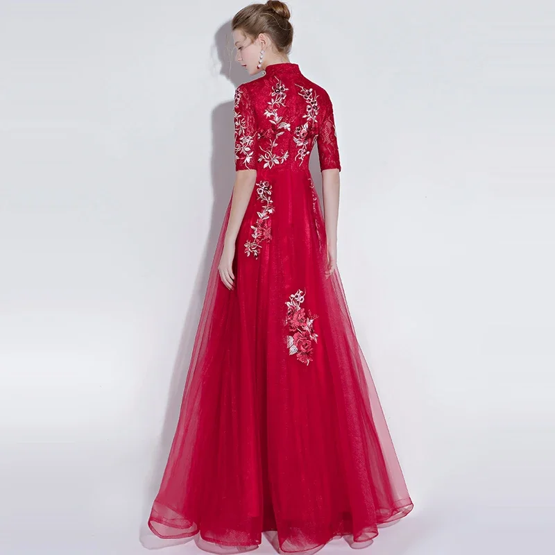Het is Yiiya Aangepaste Avondjurk Wijnrood Applicaties Hoge Kraag Halve Mouw Vloerlengte Plus size Vrouw Party Formele Jurken