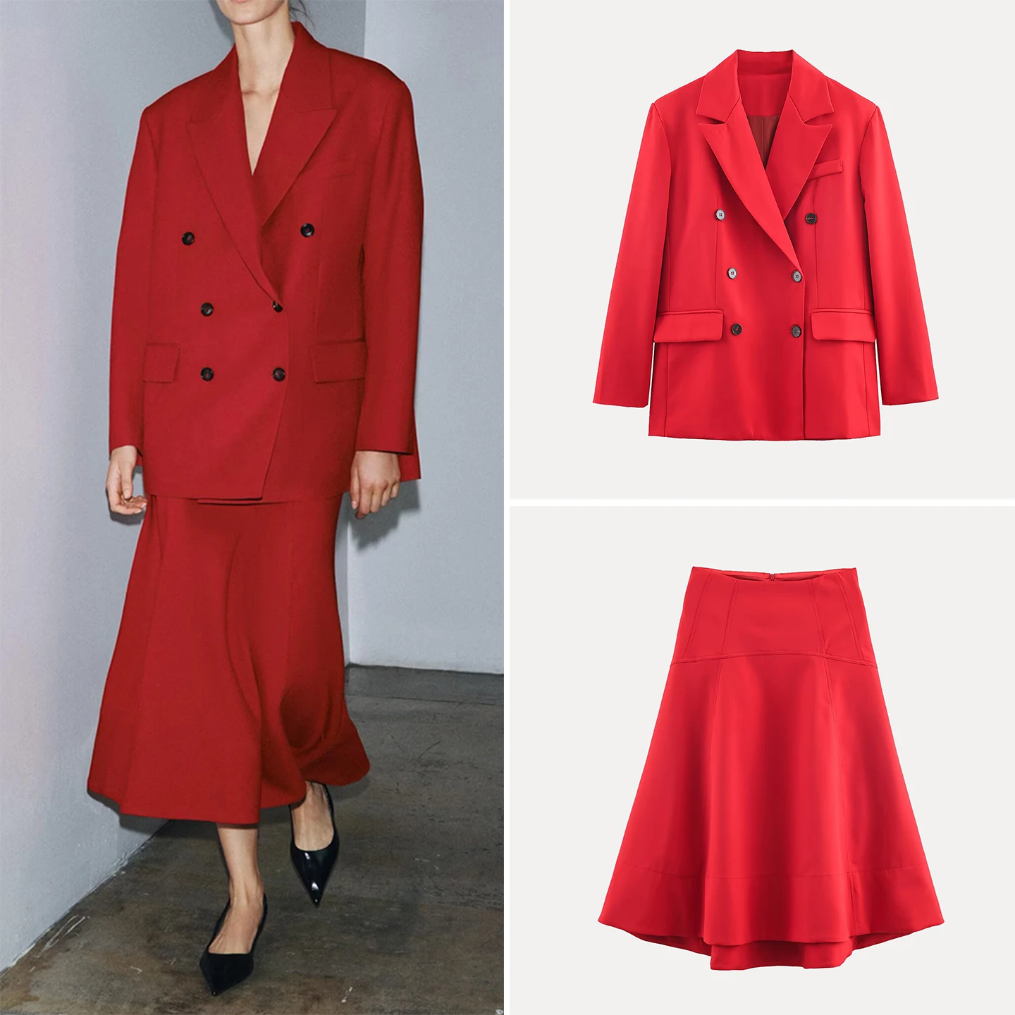 

Z женский двубортный костюм Jaet, комплект с юбкой-миди с высокой талией, однотонный осенний модный повседневный длинный свеч на пуговицах