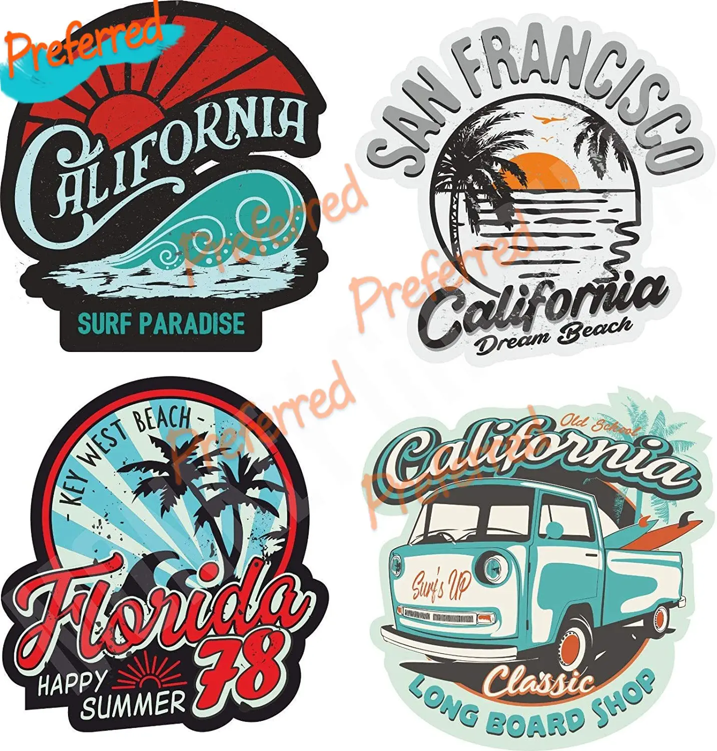 Sticker Surfer Surf Bus Bulli USA Beach Surfing Boaord Hawaii Vintage Old School Retro Vintage California USA Die-Cut