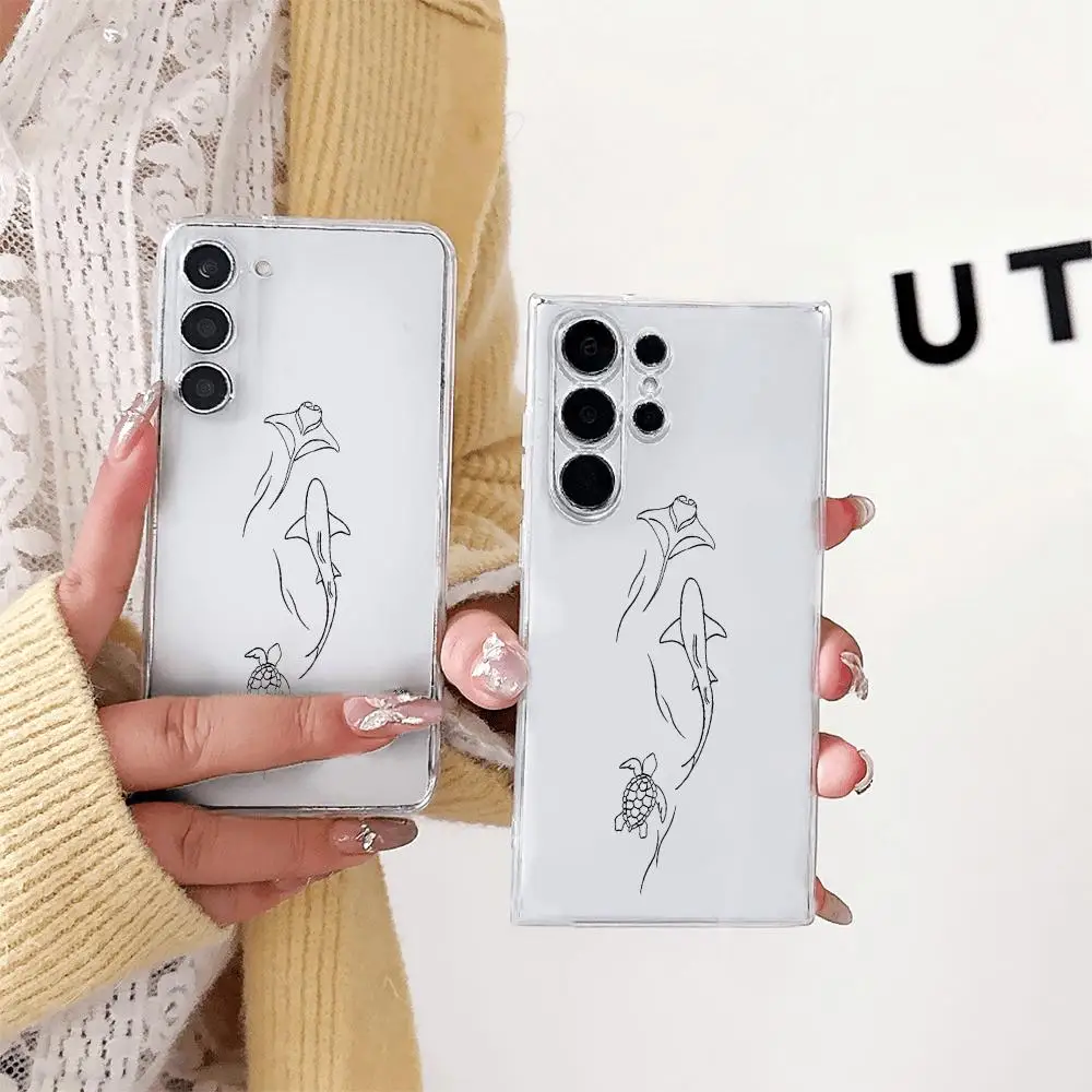 Sea Animal Line Art Pattern Transparent Phone Case for Samsung GalaxyS26 25 24 23 22 Plus FE Ultra 5G Soft TPU Drop-Proof cover