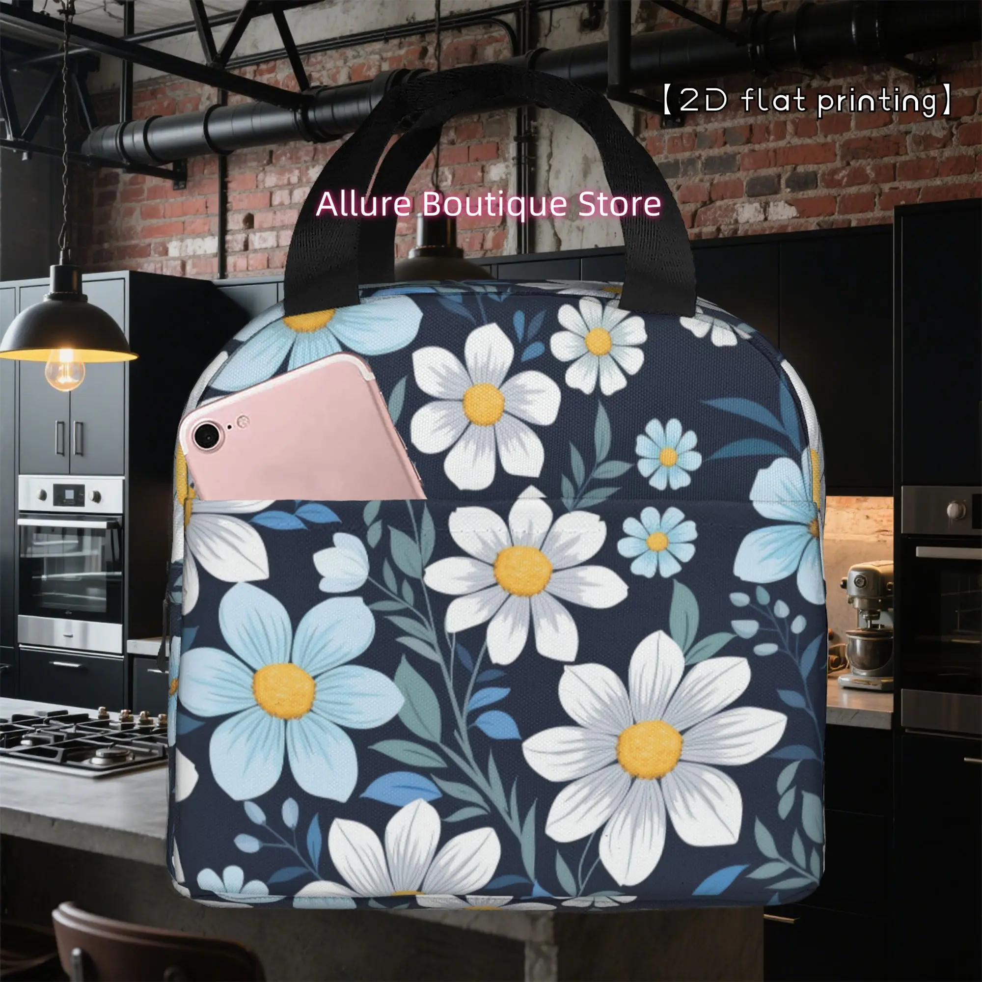 1pc Light Blue Daisy Pattern Reusable Cooler Bag - 2D Flat Print, Top-Handle Design, Insulated Lunch Bag for Office, Beach, Outd