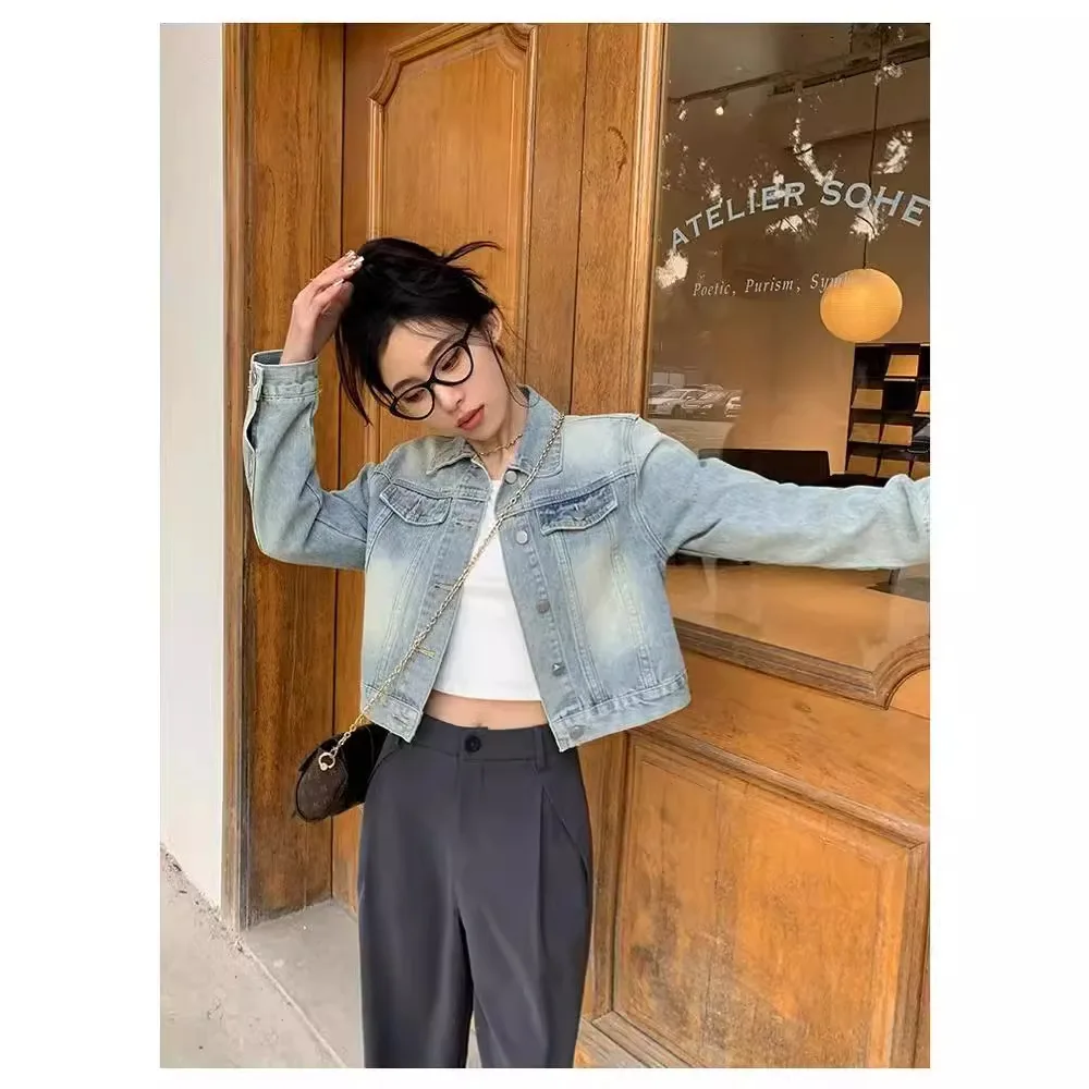 Denim Short Coats Women Single Breasted Coat Turn Down Collar Y2k Streetwear Jackets Mon Jeans Splice Jacket Casual Light Blue