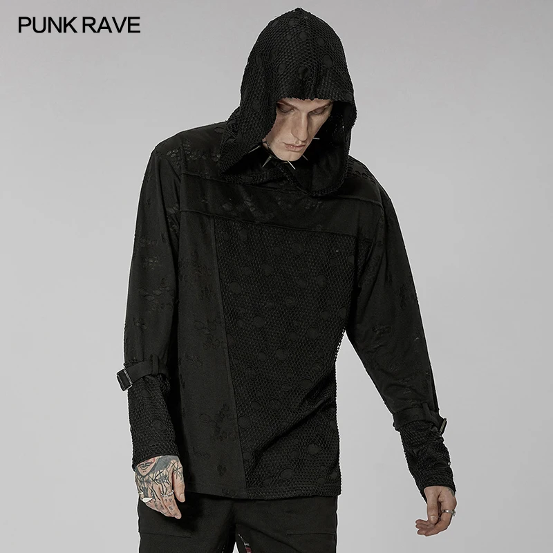 

PUNK RAVE Men's Gothic Daily Long Sleeve Irregular Broken T-shirt Removable Cuff Loops Loose Black Hooded Tops Spring/Autumn