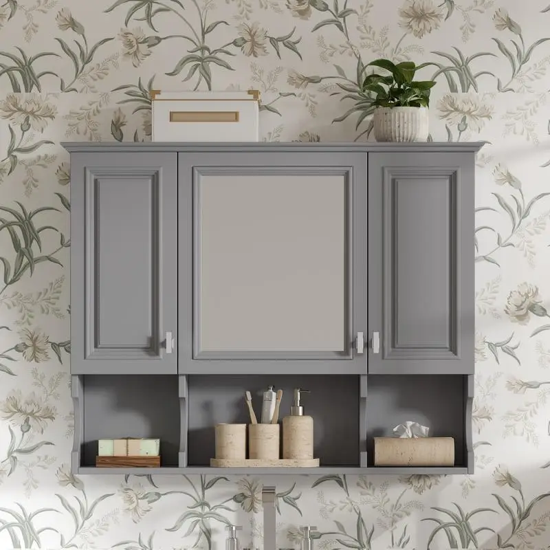 

35"x28" Wall Mount Bathroom Med Cab with Mirror, Modern Wall Cabinet w/Open Shelves and Mirror