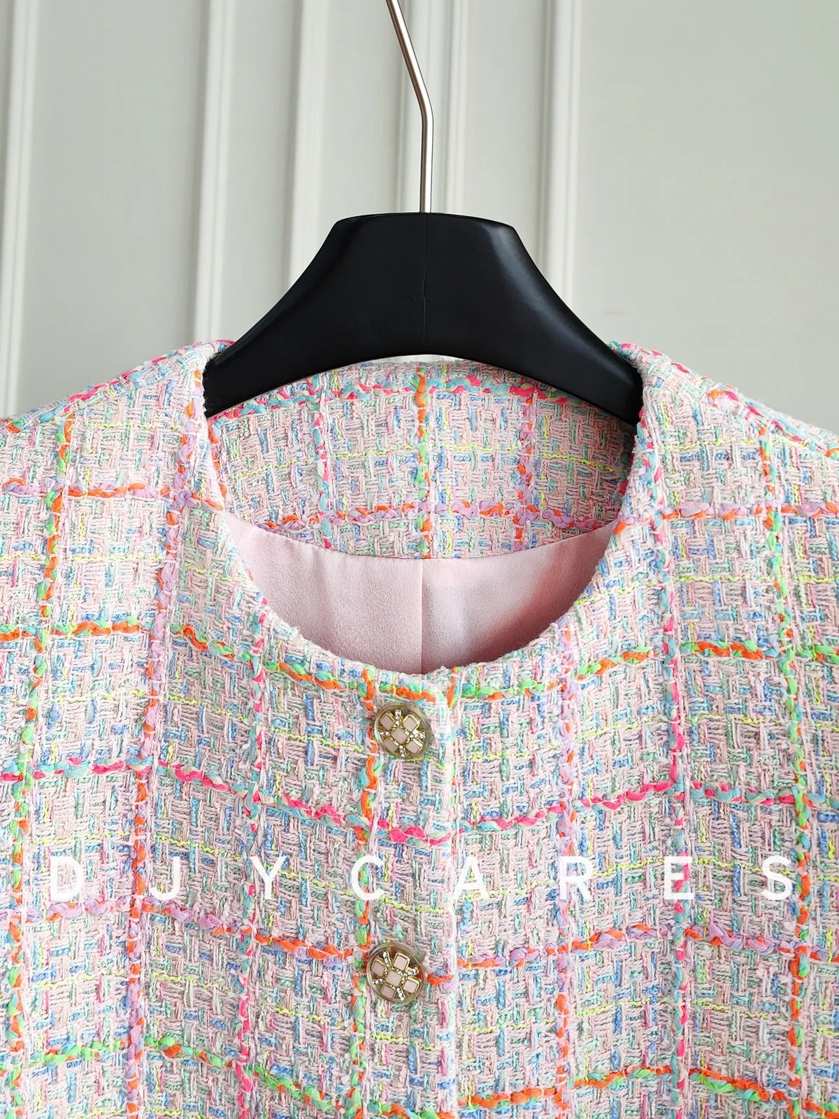 New Sweet pink checkered round neck short jacket and fashionable top big size